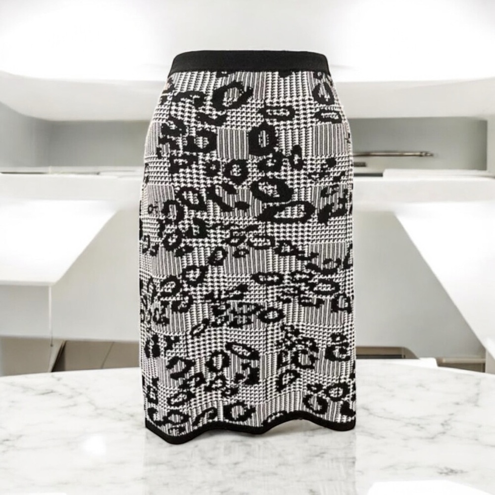Etcetera Black White Leopard Houndstooth Pencil Skirt Size M.